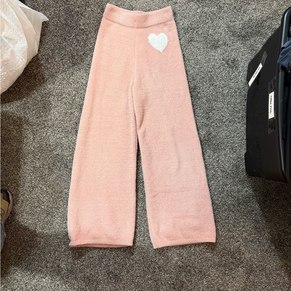 Happily Grey pink knitted wide leg lounge pants with white heart logo